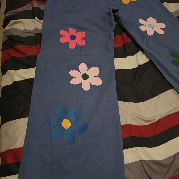 BiBi Blue Boot-Cut Pants with Multicolor Flower Motifs - Picture 8 of 12